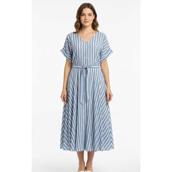 Chaps Blue & White Stripped Midi Shirt Dress Linen Blend Belted Full Circle L - Picture 2 of 11